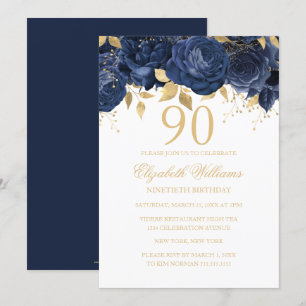 Florale Navy-Gold-Rose 90. Geburtstag Einladung