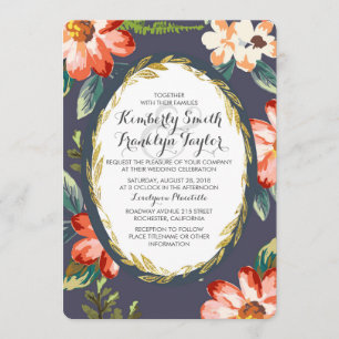 florale Navy- und Gold-Vintage-Hochzeit Einladung
