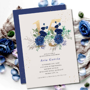Florale Nummer 15 Royalblaue und goldene Quinceane Einladung