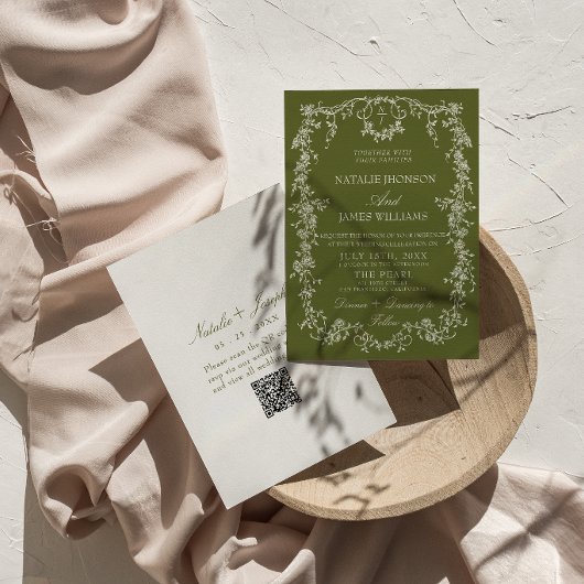 Florale olivgrüne Garten-QR-Code Retro-Hochzeit Einladung