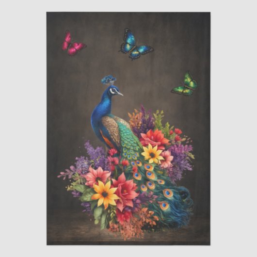 Florale Pfauen & Schmetterlinge Decoupage Seidenpapier (Vorderseite)