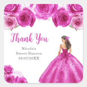 Florale Prinzessin im heißen rosa Kleid Sweet Sixt Quadratischer Aufkleber