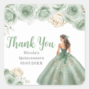 Florale Prinzessin in einem Salbeigrünen Kleid Qui Quadratischer Aufkleber