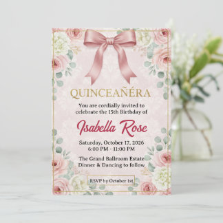 Florale Quinceañera mit rosa Coquette-Schleife Einladung