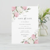 Florale rosafarbene Hydrangea-Hochzeit Save the Da Einladung (Stehend Vorderseite)