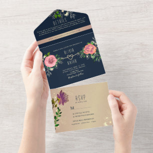 Florale Rose Gold Navy Blau Foto Hochzeit All In One Einladung