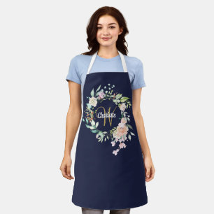 Florale Rosen Monogramm Gold Schrift Navy Blau Schürze