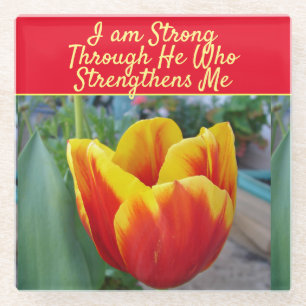 Florale rote gelbe Tulpe Gott Zitat Ich bin stark Glasuntersetzer