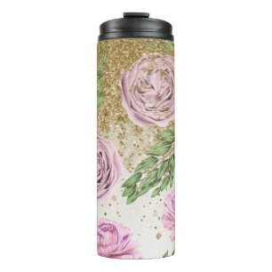 *~* Florale Röte Lavendel PFINGSTROSE Gold Glitter Thermosbecher