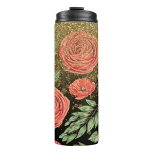 *~* Florale rote Pfingstrose Mohn Gold Glitter Thermosbecher