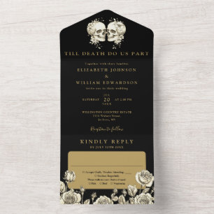 Florale Schädel Schwarz und Gold Gotische Hochzeit All In One Einladung