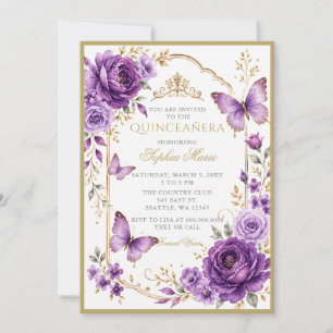 Florale Schmetterling Lila Gold Tiara Quinceañera Einladung