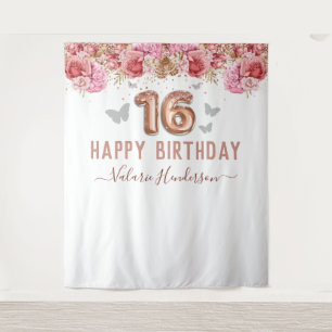 Florale Schmetterlinge Rosa 16. Geburtstag Tapete Wandteppich