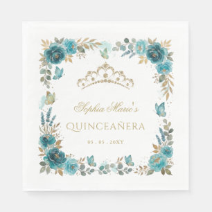Florale Schmetterlings-Türkis-Gold-Tiara Quinceañe Serviette