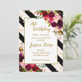 Florale schwarz-weiße Streifen 21. Geburtstag Einladung (Stehend Vorderseite)