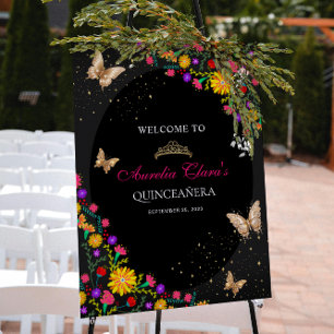 Florale schwarze goldene Tiara Schmetterling Mis Q Poster