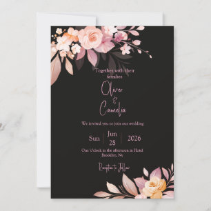 Florale schwarze und rosafarbene Rosenhochzeit Einladung