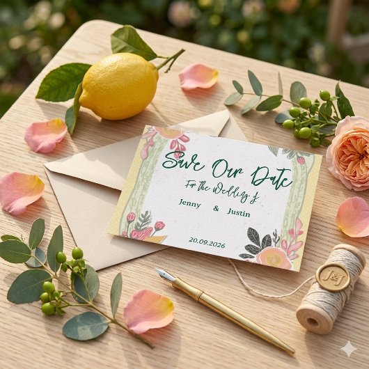 Florale Sommerhochzeit mit Zitrone Einladung