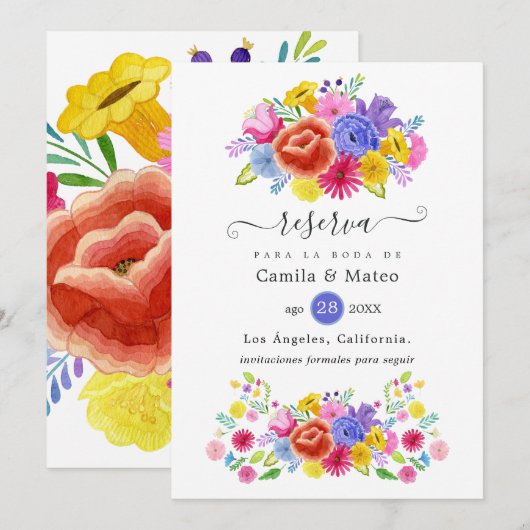 Florale spanische Fiesta-Hochzeit Save The Date (Vorne/Hinten)