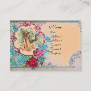FLORALE STORCH-BABYPARTY MIT ROSEN MONOGRAMM Peach Visitenkarte
