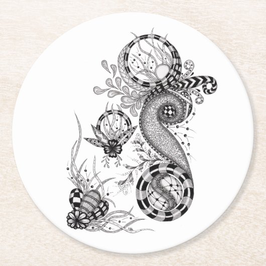 Florale Tangle Zeichnung -  Runder Pappuntersetzer (Vorderseite)