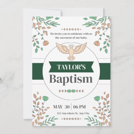 Florale Taufe Zeremonie Fotoruf Grüne Einladung (Vorderseite)