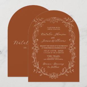 Florale Terrakotta-Brandorange gebogene Boho-Hochz Einladung