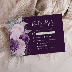 Florale tiefpurpur-silberne Menüwahl-Hochzeit RSVP Karte