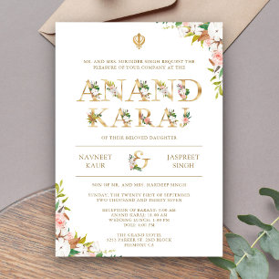 Florale Typografie Weiße Anand Karaj Sikh-Hochzeit Einladung