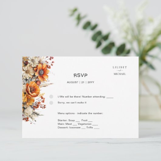 FLORALE UAWG | ORANGE BLUME | RUSTISCHE WEDD RSVP KARTE (Stehend Vorderseite)