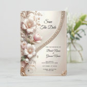 Florale und Perlenverzierungen Save The Date (Stehend Vorderseite)