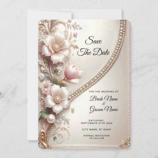 Florale und Perlenverzierungen Save The Date (Vorderseite)