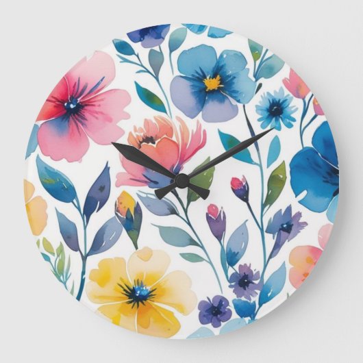 Florale Wand-Uhr im Wasserfarbenstil Große Wanduhr (Vorderseite)