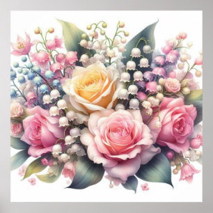 Florale Wasserfarbe von Rose, Lilien des Tales Poster
