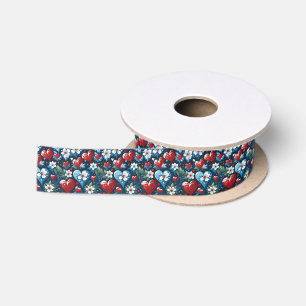 Florale Weihnachtsherzen in Rot, Blau und Grün Satinband