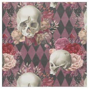 Florale weiße Schädel und dunkelrosa kariert Stoff