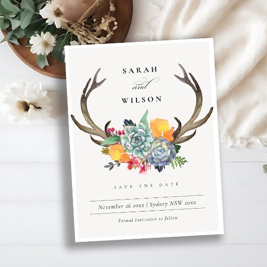 FLORALER ERFOLG ANTLER SAVE THE DATE BOHEMISCH ANKÜNDIGUNGSPOSTKARTE