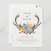 FLORALER ERFOLG ANTLER SAVE THE DATE BOHEMISCH POSTKARTE (Vorne/Hinten)