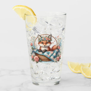 Floraler Fuchs im Korb mit Quilt und Blumen Glas