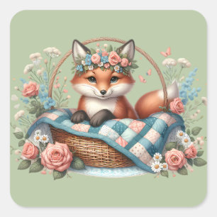 Floraler Fuchs im Korb mit Quilt und Blumen Quadratischer Aufkleber