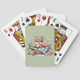 Floraler Fuchs im Korb mit Quilt und Blumen Spielkarten