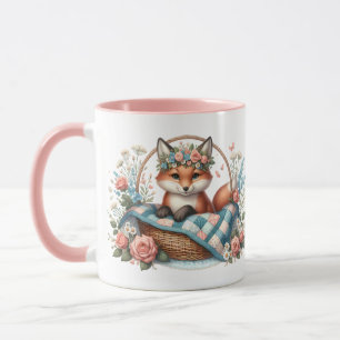 Floraler Fuchs im Korb mit Quilt und Blumen Tasse
