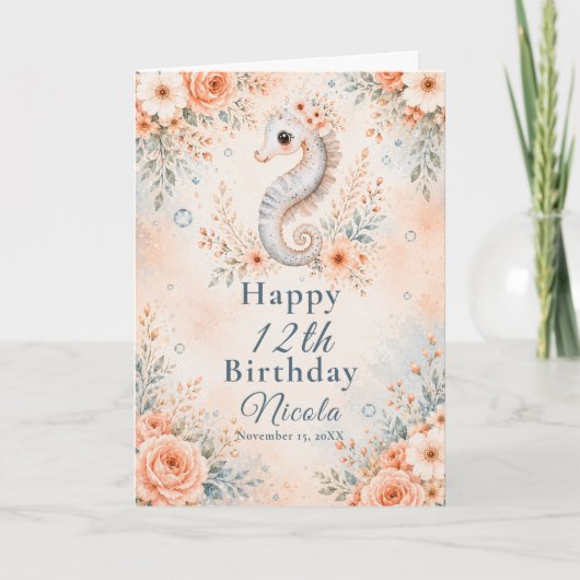 Floraler Geburtstag mit Seepferdchen Karte (Vorderseite)