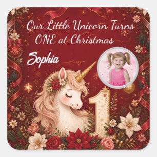 Floraler Karmesin Einhorn 1. Geburtstag Weihnachte Quadratischer Aufkleber
