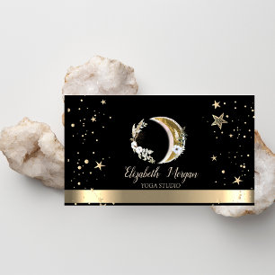 Floraler Mond Goldene Sterne Schwarzes Yoga-Studio Visitenkarte
