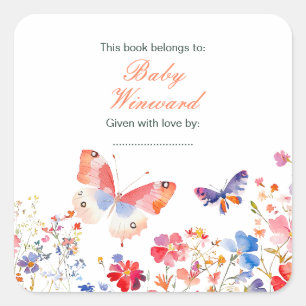 Floraler Sommer Schmetterling Baby Shower Quadratischer Aufkleber