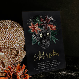 Floraler Totenkopf Halloween-Cocktails & Kostüm-Pa Folieneinladung