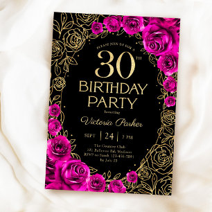 Florales 30. Geburtstags-Fuchsia-Rosa-Schwarz & Go Einladung
