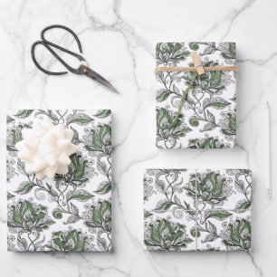 Florales abstraktes Gekritzel Kunststil in Grüntön Geschenkpapier Set