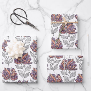 Florales abstraktes Gekritzel Kunststil Rosa Lila Geschenkpapier Set